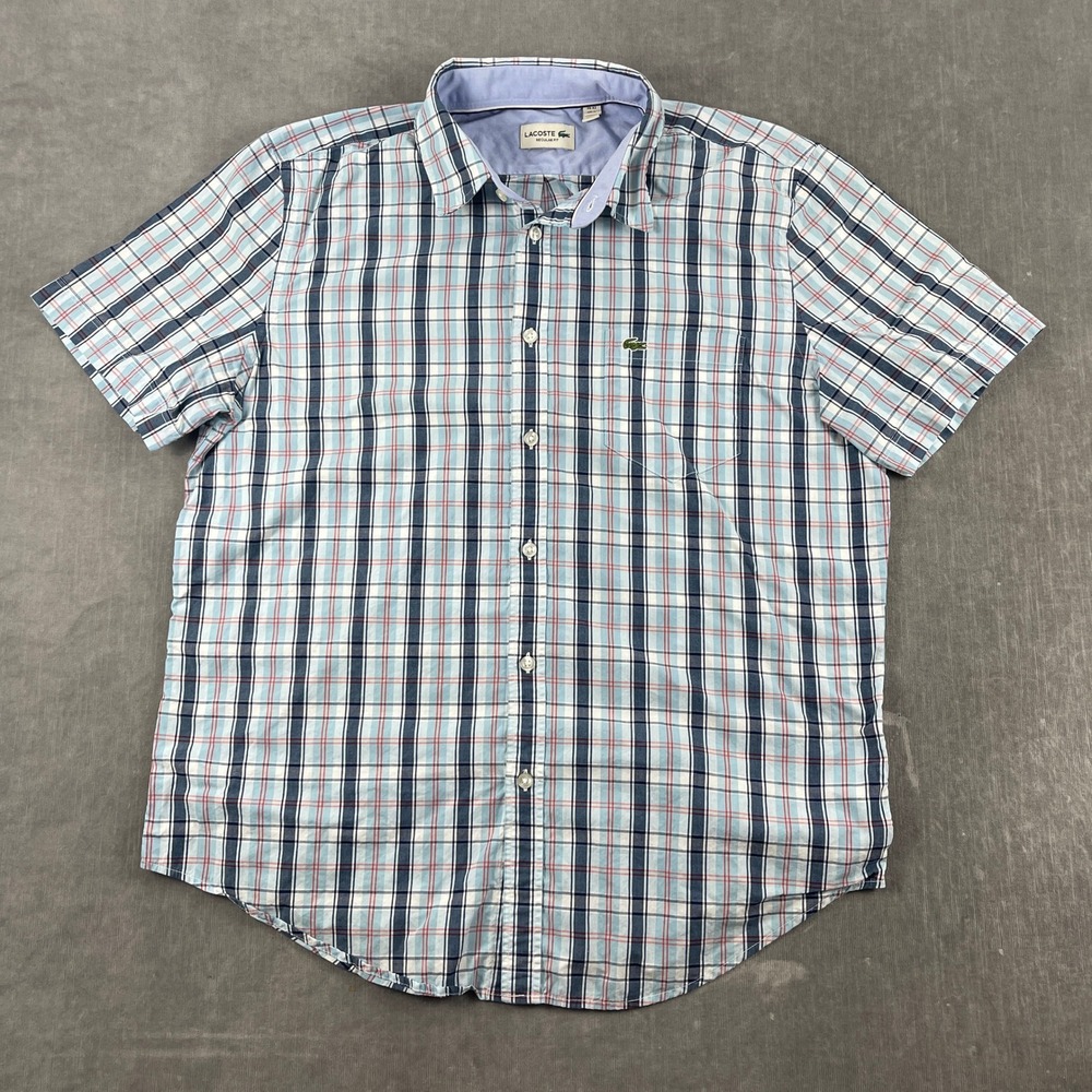 Lacoste Men L Blue Plaid Short Sleeve Button Down Shirt Regular Fit Logo